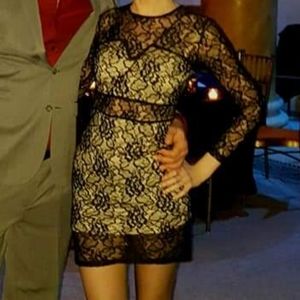 Sequin lace  black dress with beige insert.